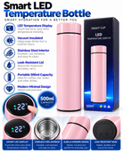 Pink 500ml smart LED temperature bottle features and details