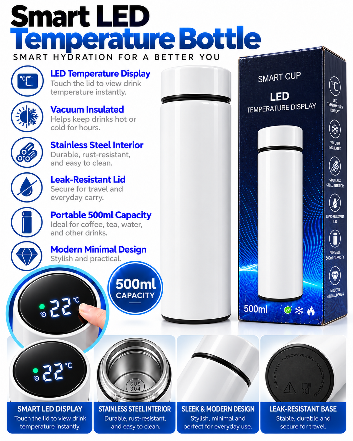 White 500ml smart LED temperature bottle features and details