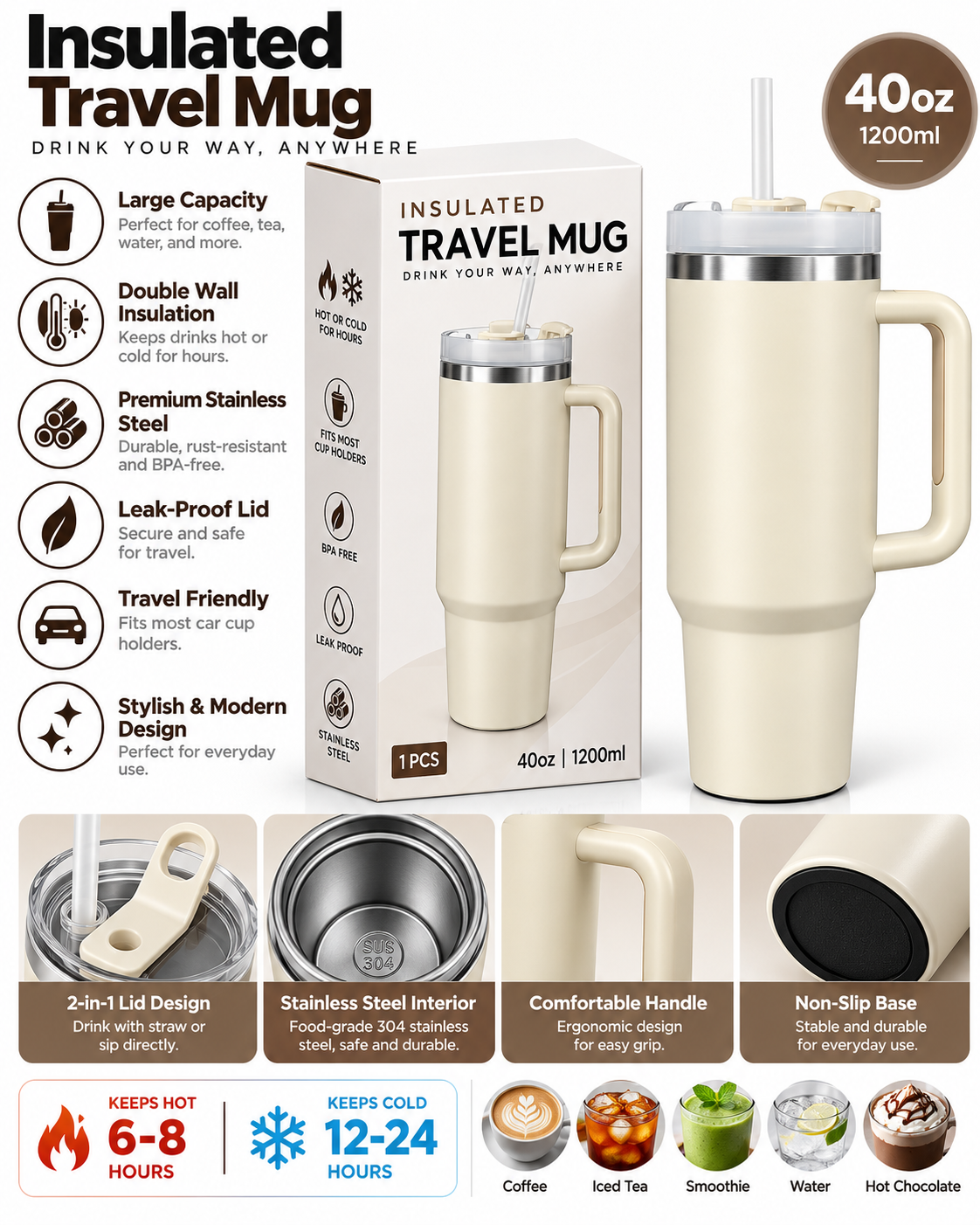 Cream 40oz 1200ml insulated travel mug features and details