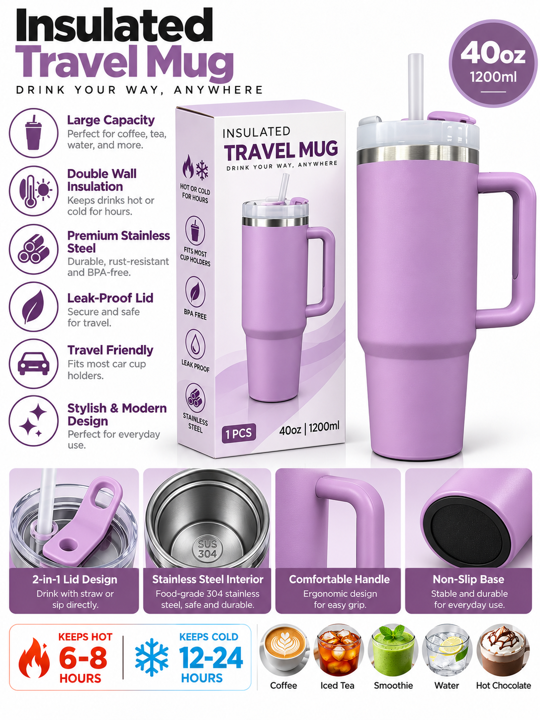 Purple 40oz 1200ml insulated travel mug features and details