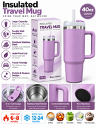 Purple 40oz 1200ml insulated travel mug features and details