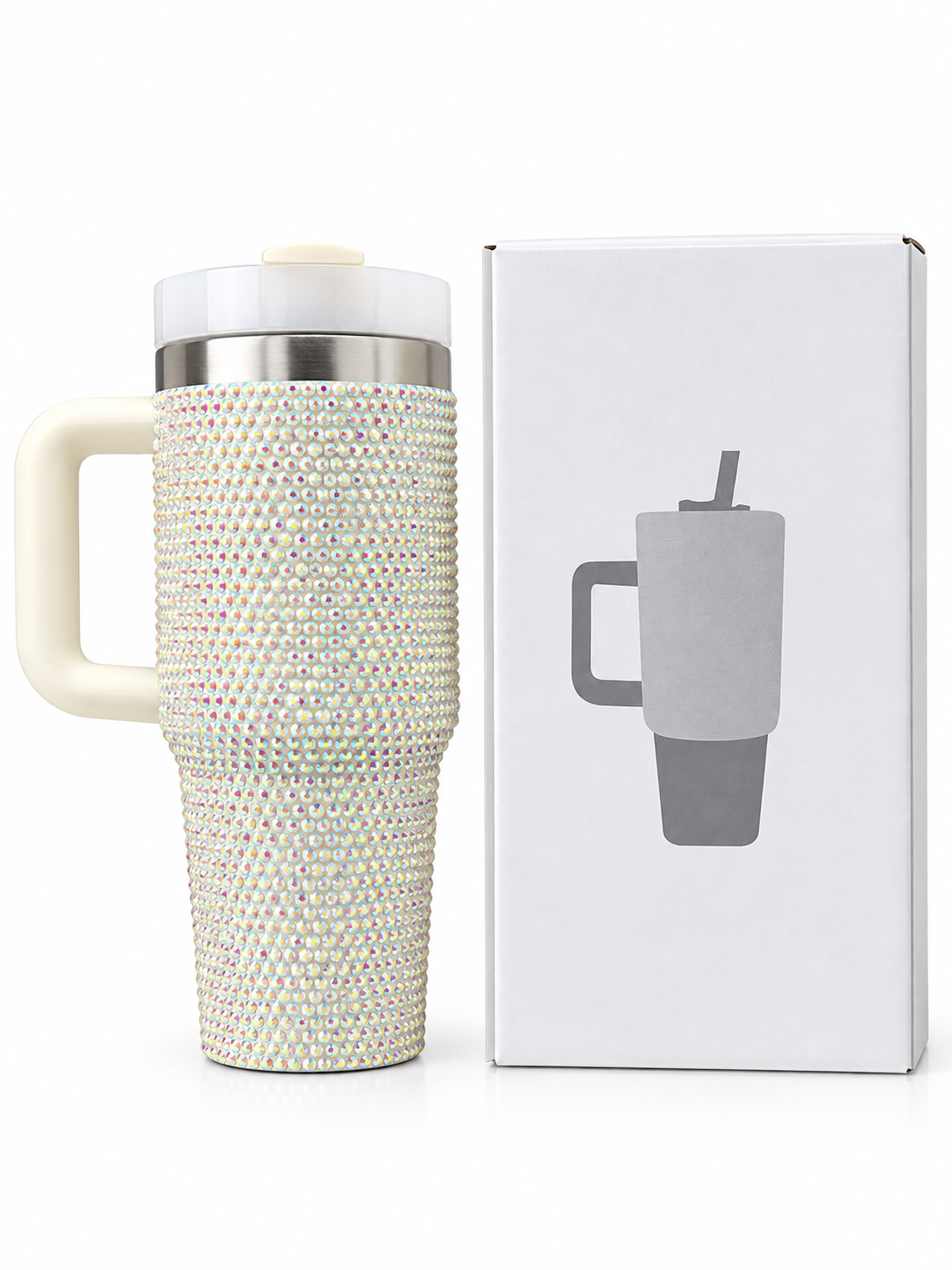 White rhinestone stainless steel tumbler with handle and gift box