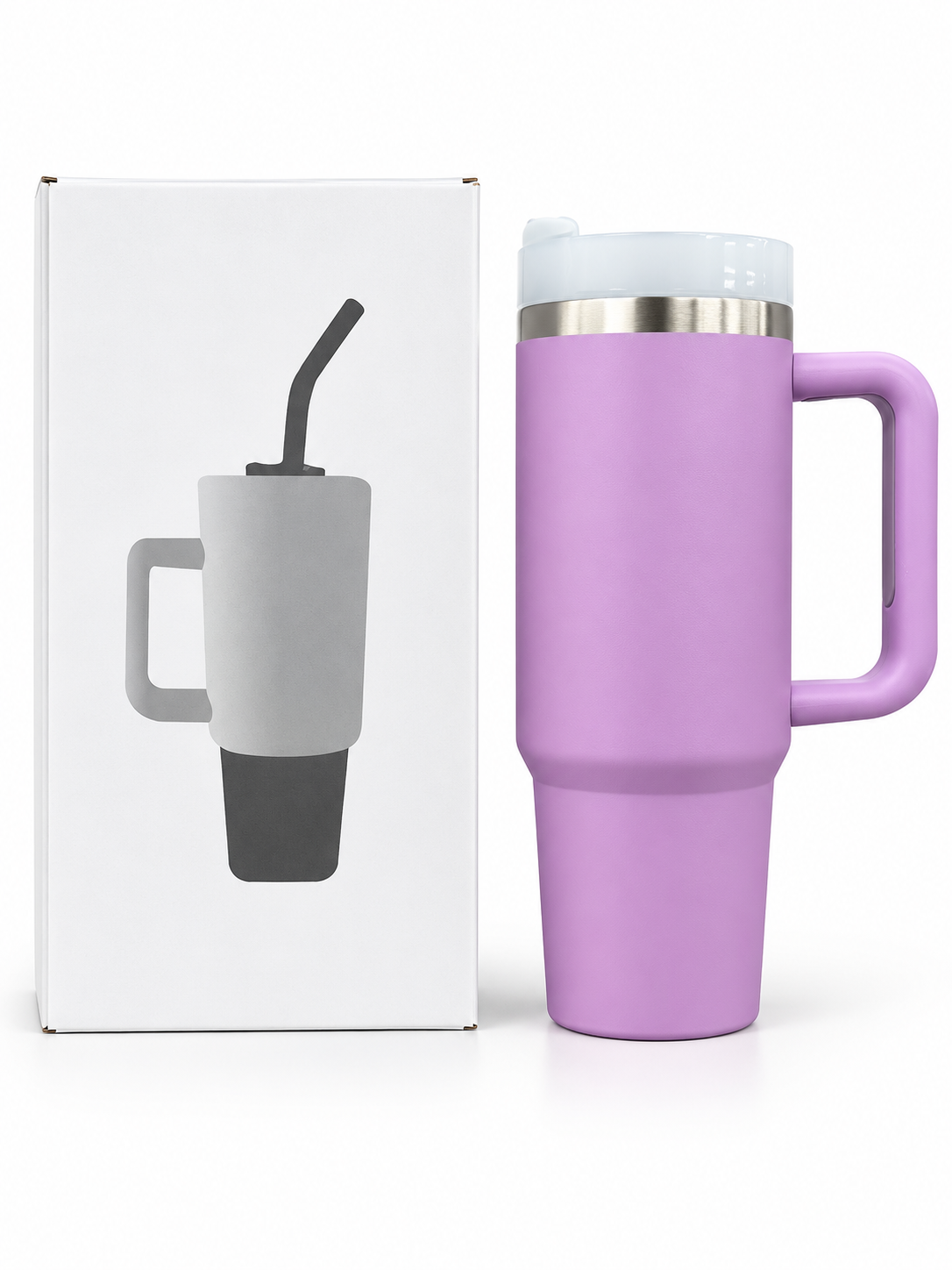 Purple 40oz 1200ml insulated travel mug with handle and box