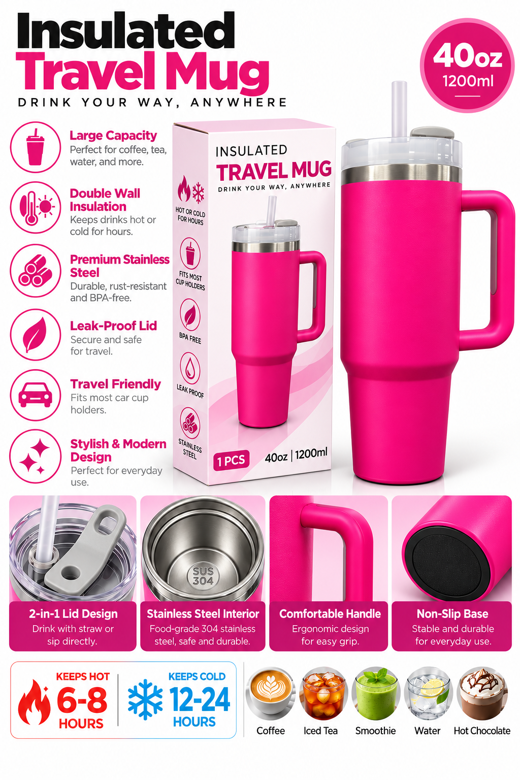 Hot pink 40oz 1200ml insulated travel mug features and details
