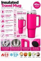 Hot pink 40oz 1200ml insulated travel mug features and details