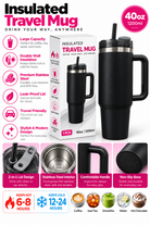 Black 40oz 1200ml insulated travel mug features and details