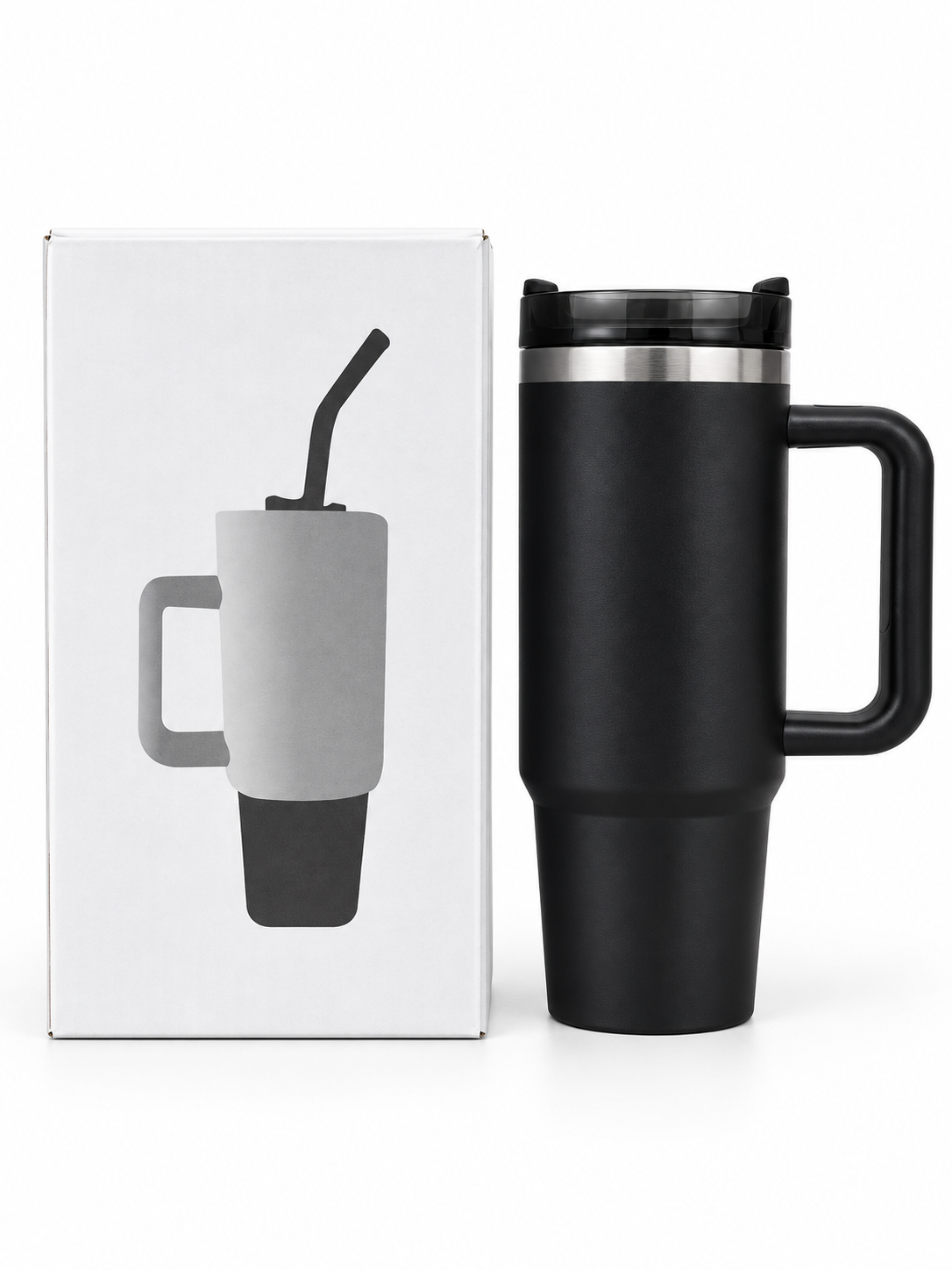 Black 40oz 1200ml insulated travel mug with handle and box