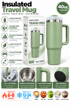 Green 40oz 1200ml insulated travel mug features and details