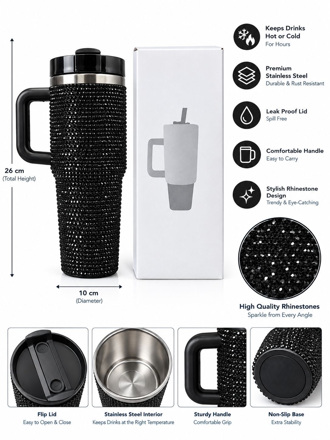 Black rhinestone stainless steel tumbler features and dimensions