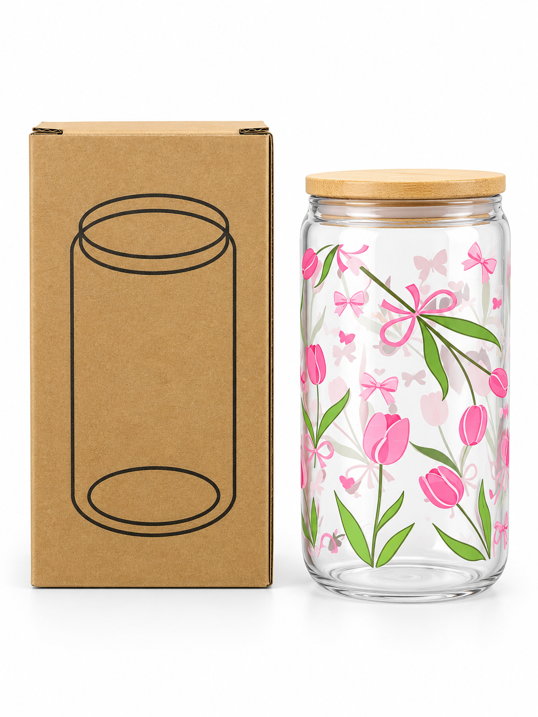 Pink floral glass drinking cup and kraft gift box