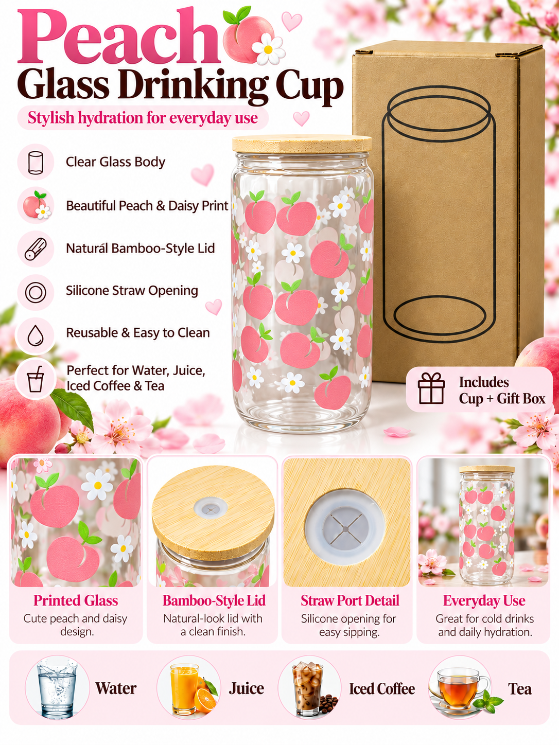 Peach and daisy glass cup product features