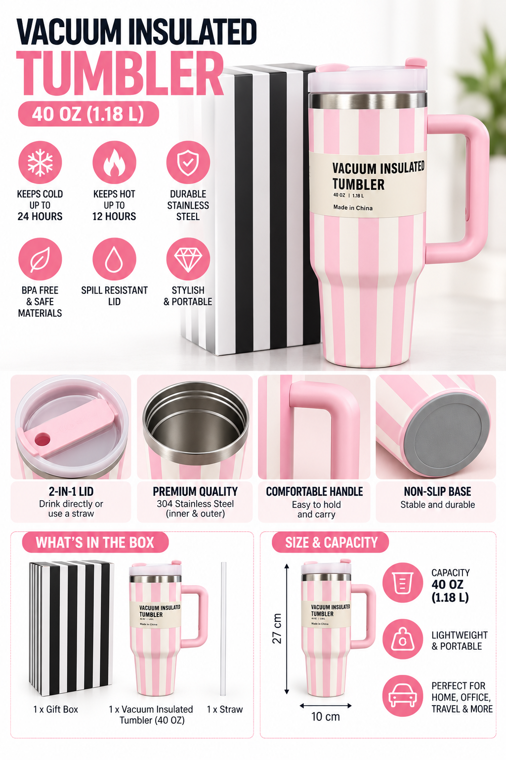 Pink striped tumbler and gift box