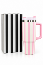 Pink striped tumbler feature infographic