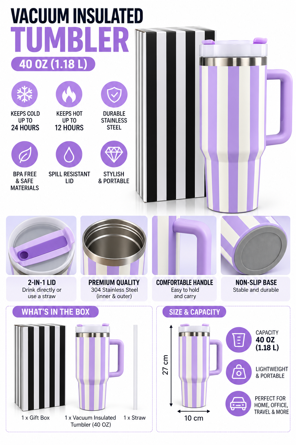 Lilac and white striped tumbler with gift box
