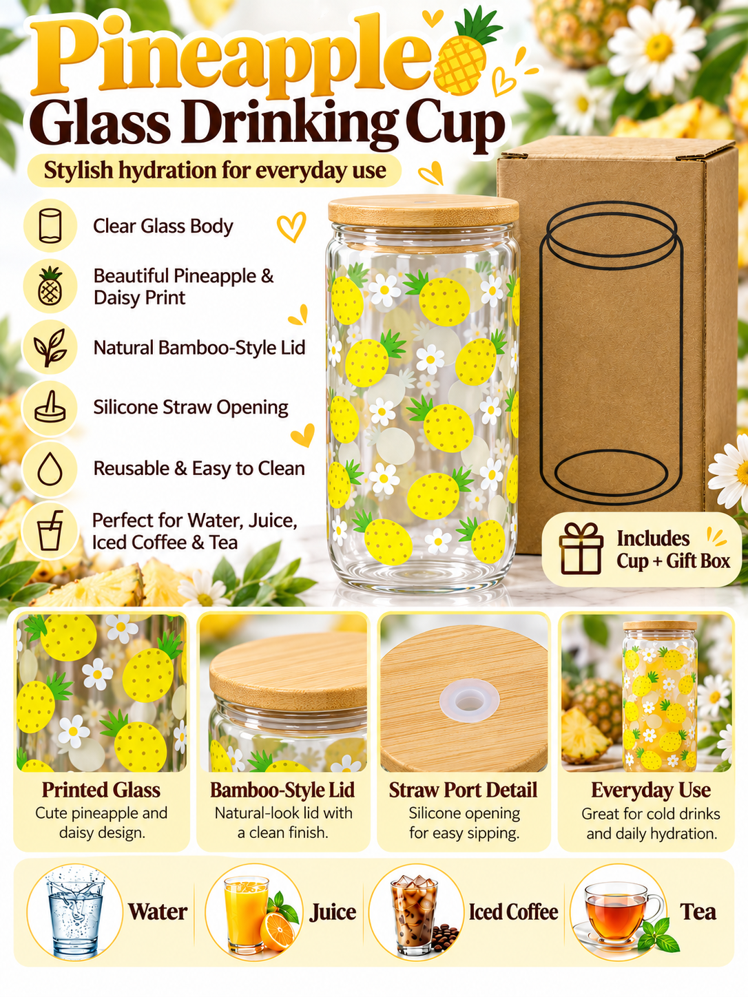 Pineapple glass drinking cup features infographic