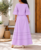 Ladies lilac V-neck bell sleeve maxi dress front view