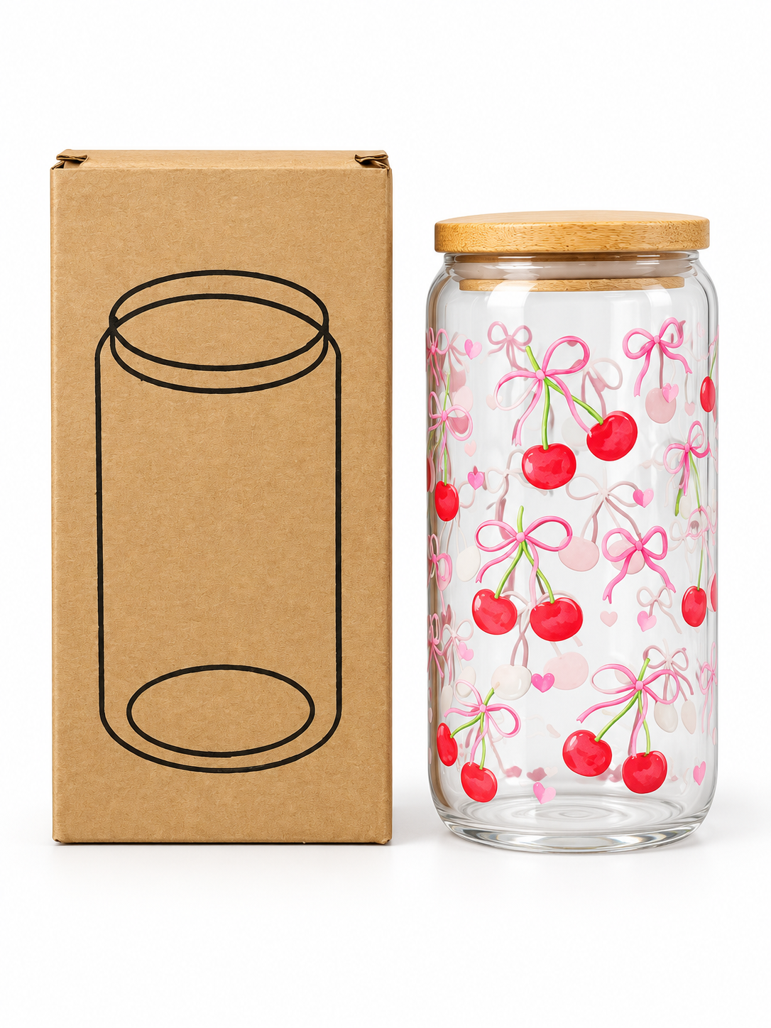 Cherry bow glass drinking cup product on white background with kraft gift box