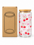 Cherry bow glass drinking cup product on white background with kraft gift box