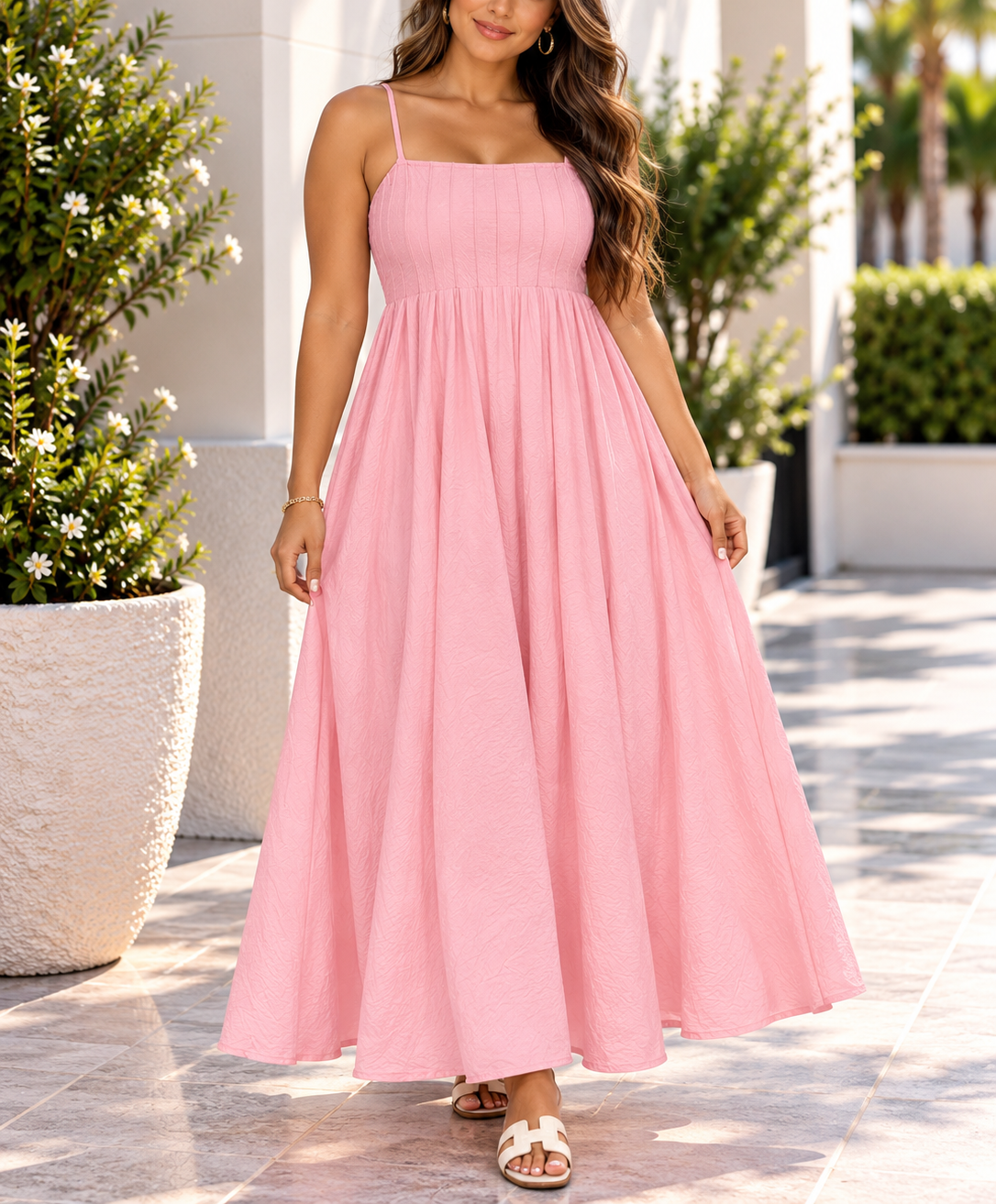 Ladies pink strappy gathered maxi dress front view