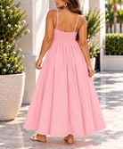 Ladies pink strappy gathered maxi dress back view