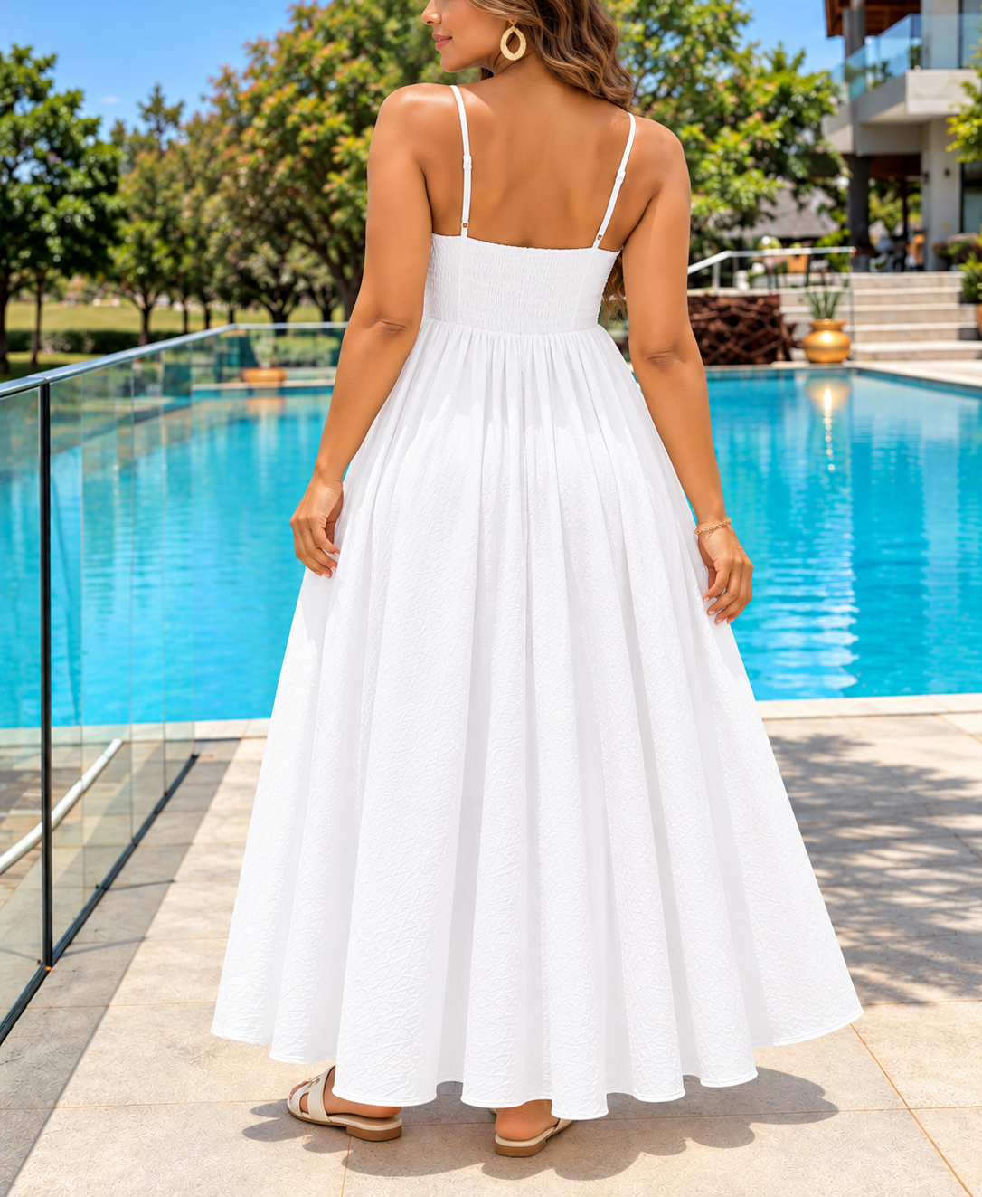 Ladies white strappy gathered maxi dress back view