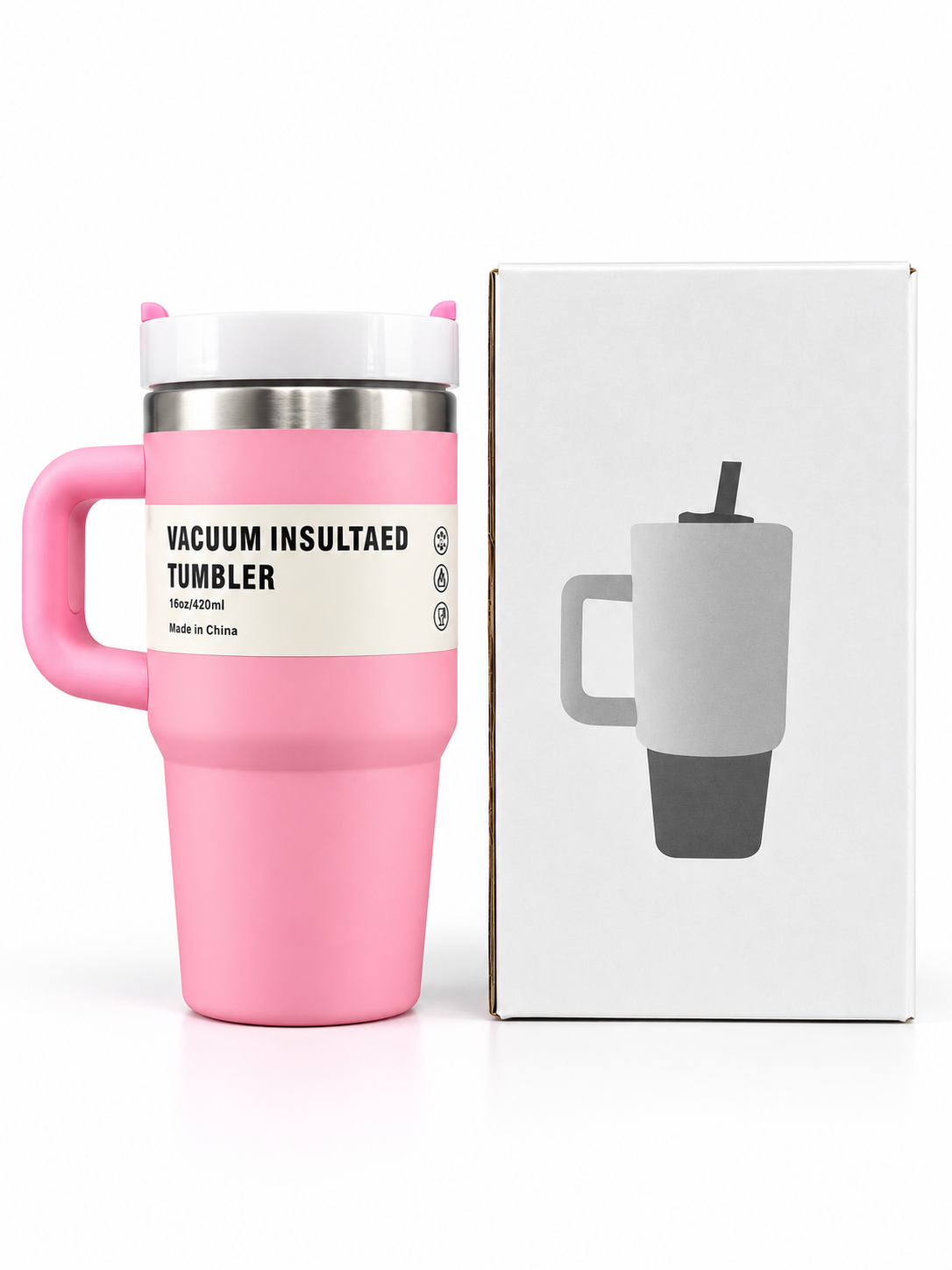 Pink vacuum insulated stainless steel tumbler with handle and gift box