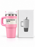 Pink vacuum insulated stainless steel tumbler with handle and gift box