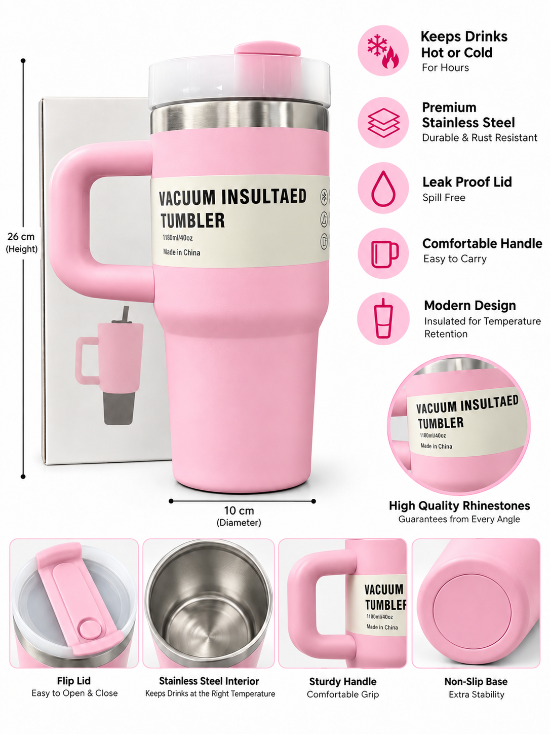 Pink vacuum insulated stainless steel tumbler features and dimensions