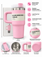 Pink vacuum insulated stainless steel tumbler features and dimensions