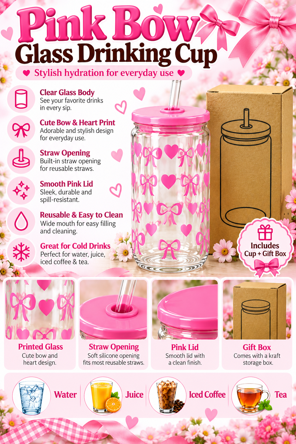 Pink bow and heart glass drinking cup and gift box