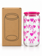 Pink bow glass drinking cup features and straw opening