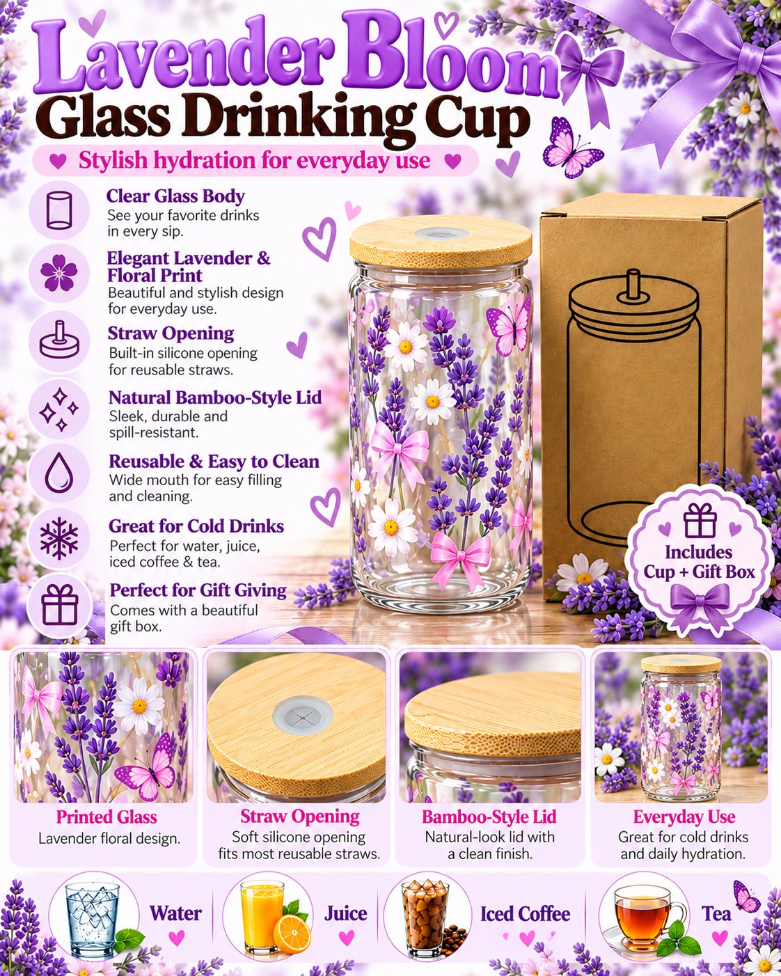 Lavender floral butterfly glass cup with gift box on white background
