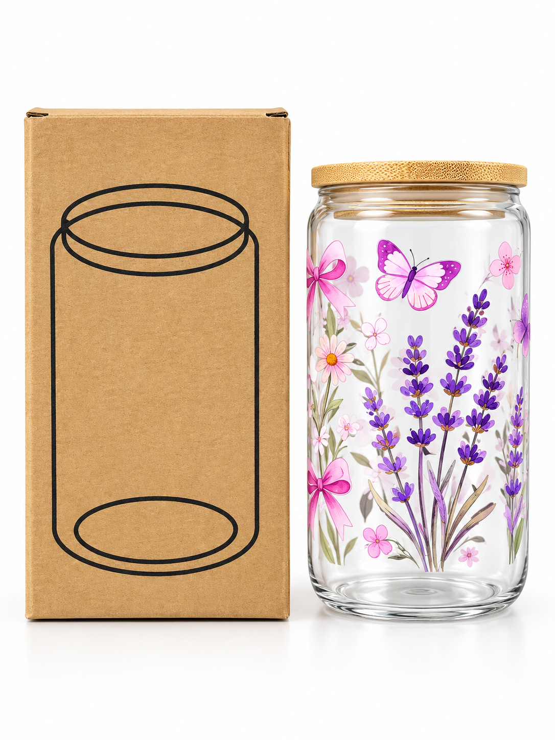 Lavender Bloom glass drinking cup features and silicone straw port