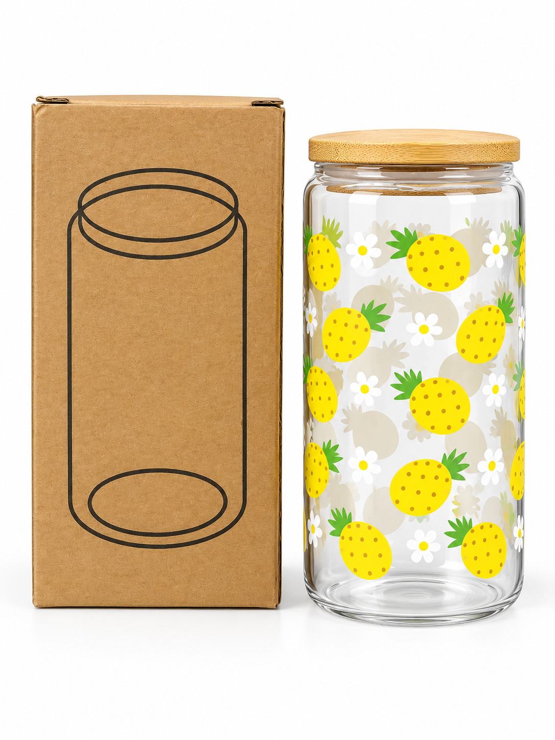 Pineapple and daisy glass cup with bamboo-style lid and gift box