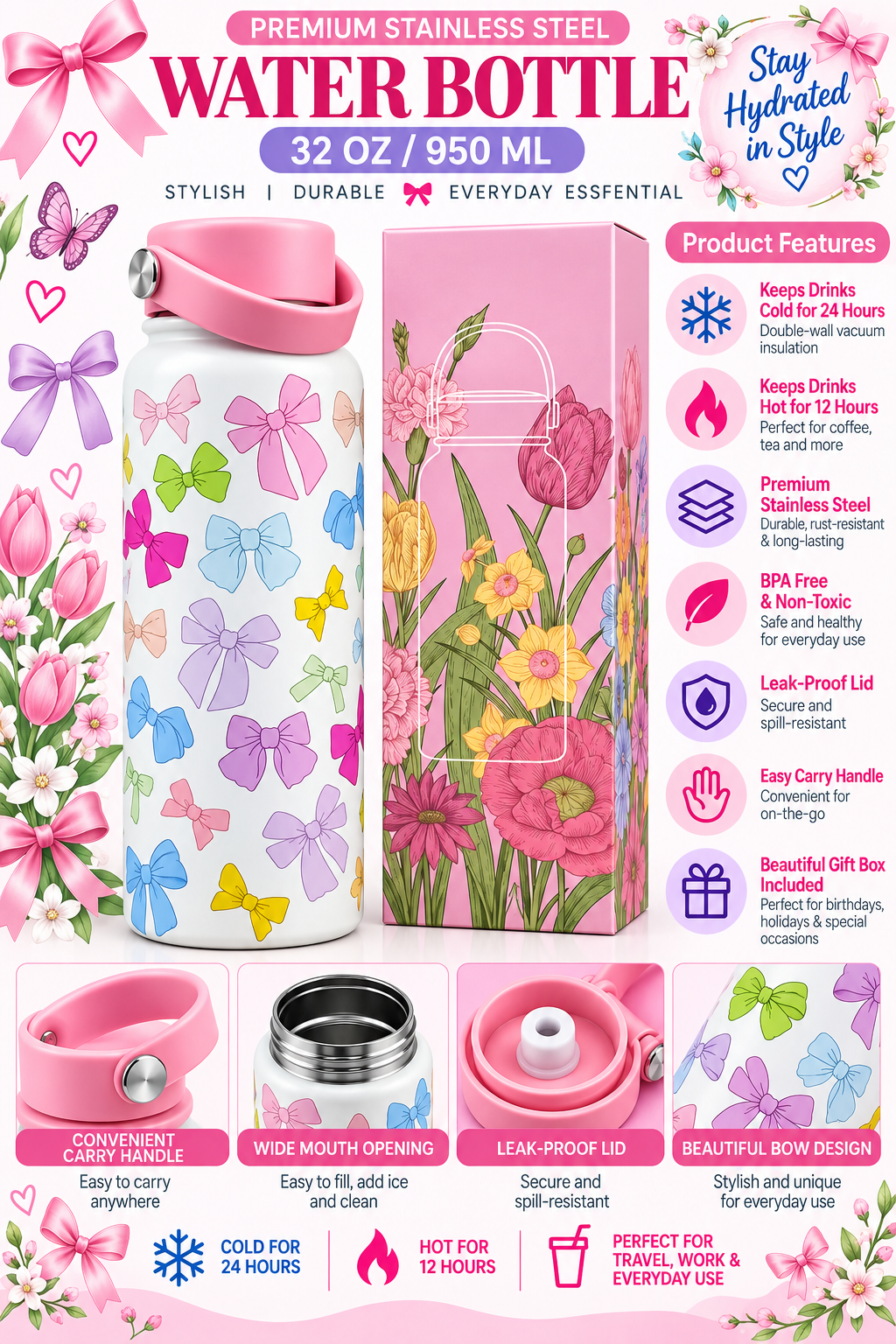 950ml stainless steel water bottle product features