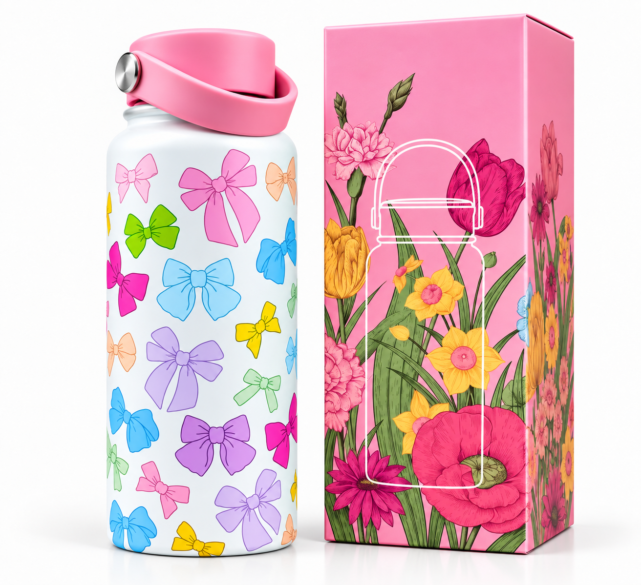 950ml stainless steel water bottle with colourful bow design and pink carry handle