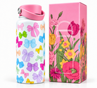 950ml stainless steel water bottle with colourful bow design and pink carry handle