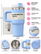 Blue vacuum insulated stainless steel tumbler features and dimensions