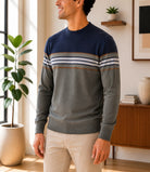 Mens Navy & Grey Stripe Crew Neck Knit Sweater - Front View