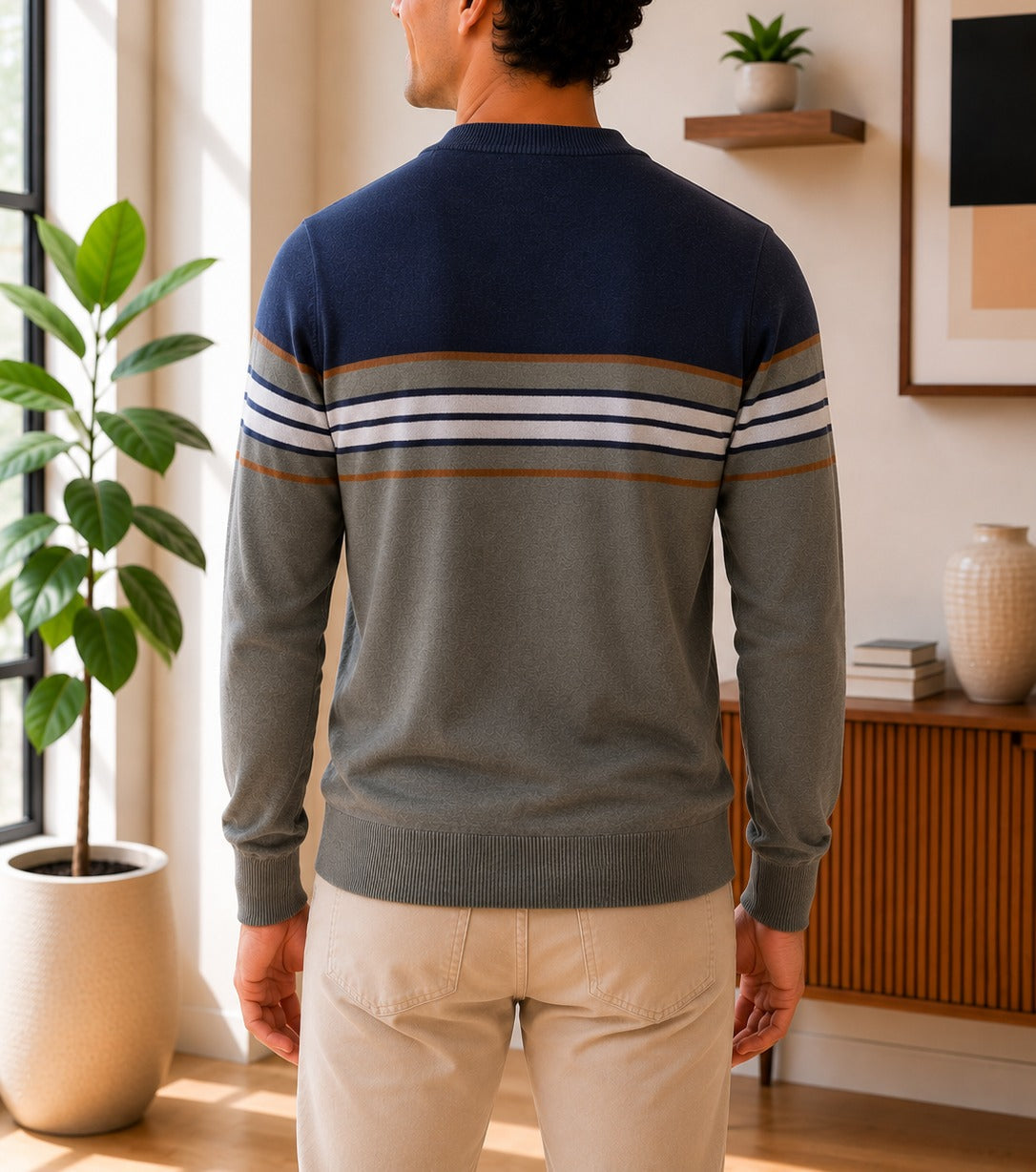 Mens Navy & Grey Stripe Crew Neck Knit Sweater - Back View