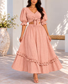 Front view dusty pink two-piece puff sleeve tie front top and maxi skirt