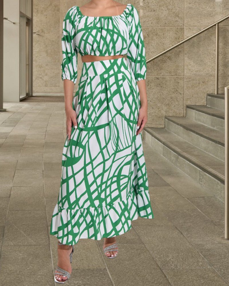 Abstract Printed Green Crop Top with Skirt - StylePhase SA