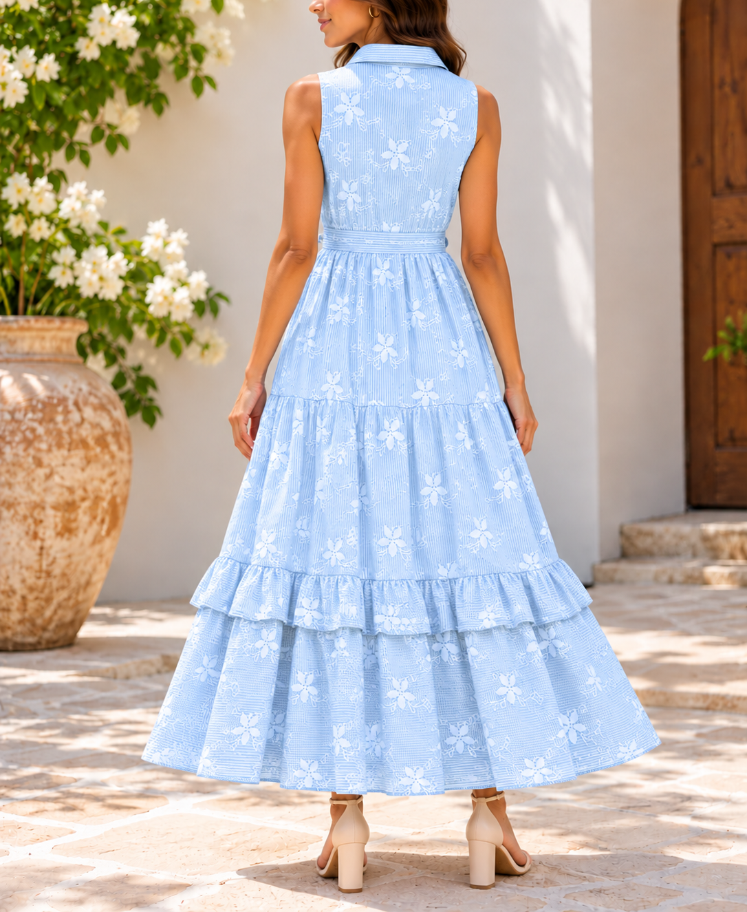 Front view baby blue floral belted maxi dress