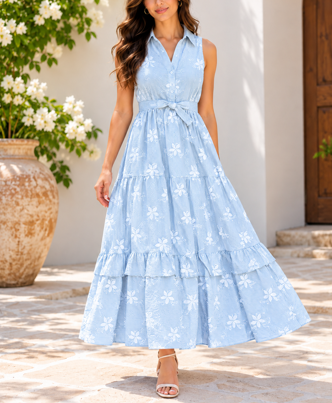 Side view baby blue floral belted maxi dress