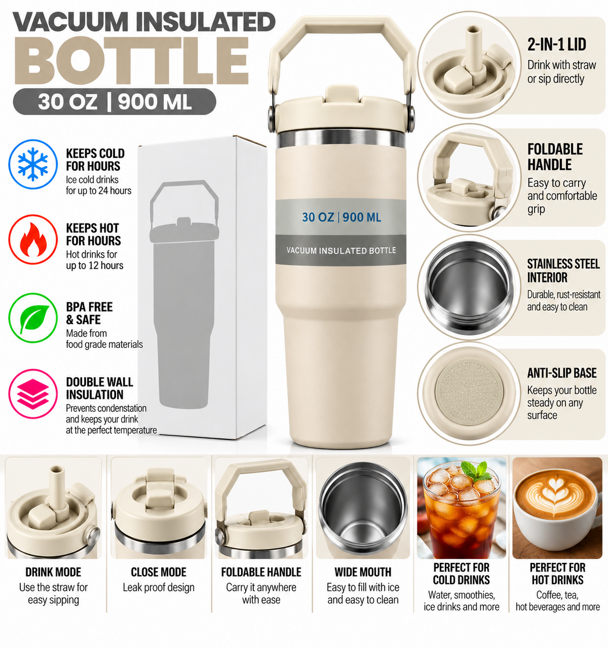 Beige 900ml insulated bottle product features