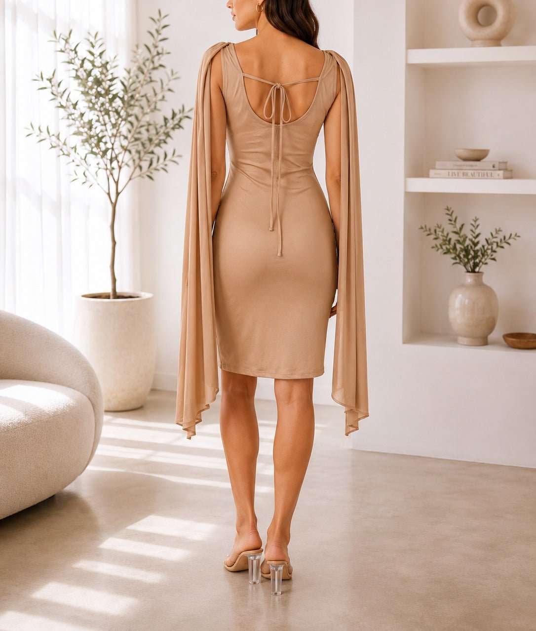 Beige Cape Sleeve Mini Dress- New Feeling - StylePhase SA