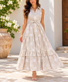 Front view beige floral belted maxi dress