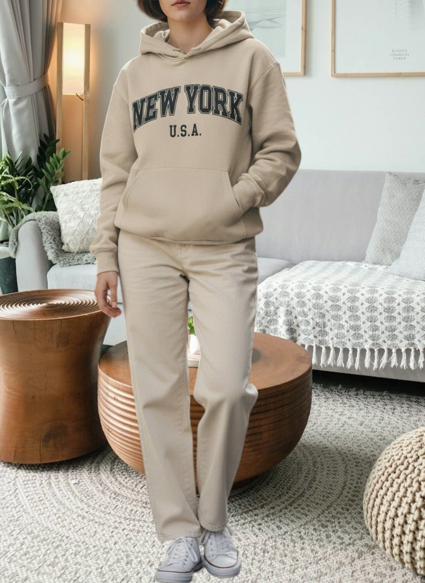 Beige New York Fleece Hoody Top - StylePhase SA