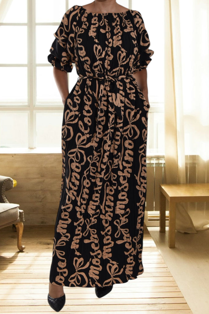 Beige Printed Puff Sleeve Pocket Maxi Dress - StylePhase SA