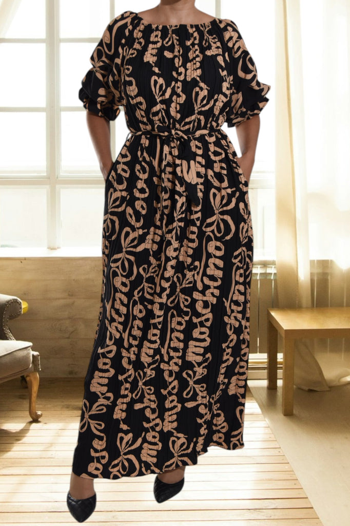 Beige Printed Puff Sleeve Pocket Maxi Dress - StylePhase SA